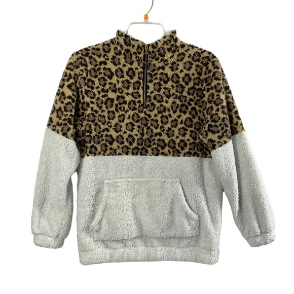 Wanna B Sherpa Fleece‎ Jacket Womens Small Quarter Zip Animal Print Off White - Picture 1 of 11